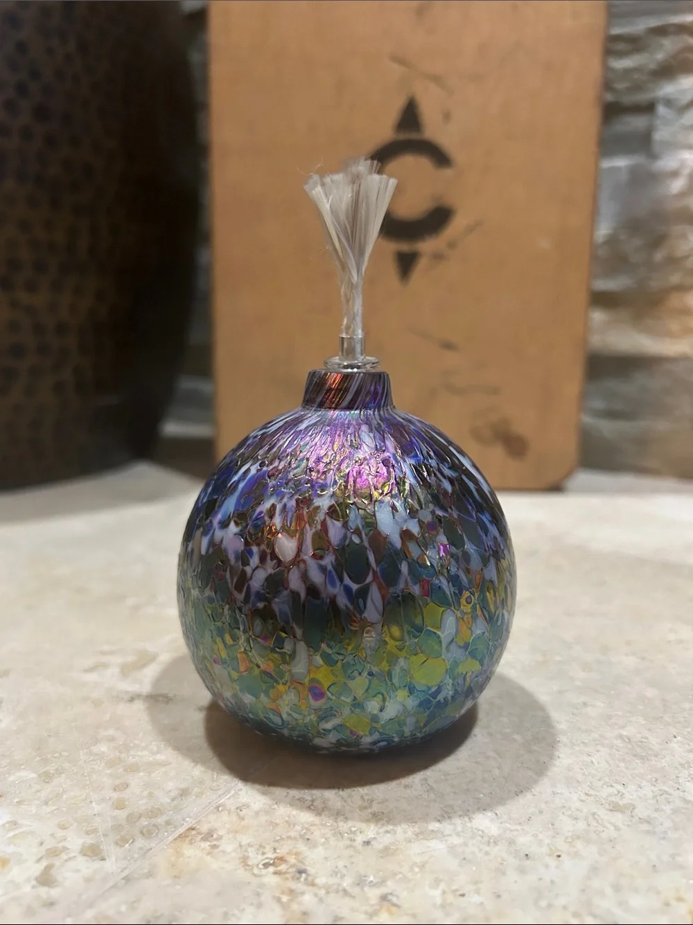 Handblown Glass Oil Diffuser Orb in Iridescent Blue-Purple Carnival Glass